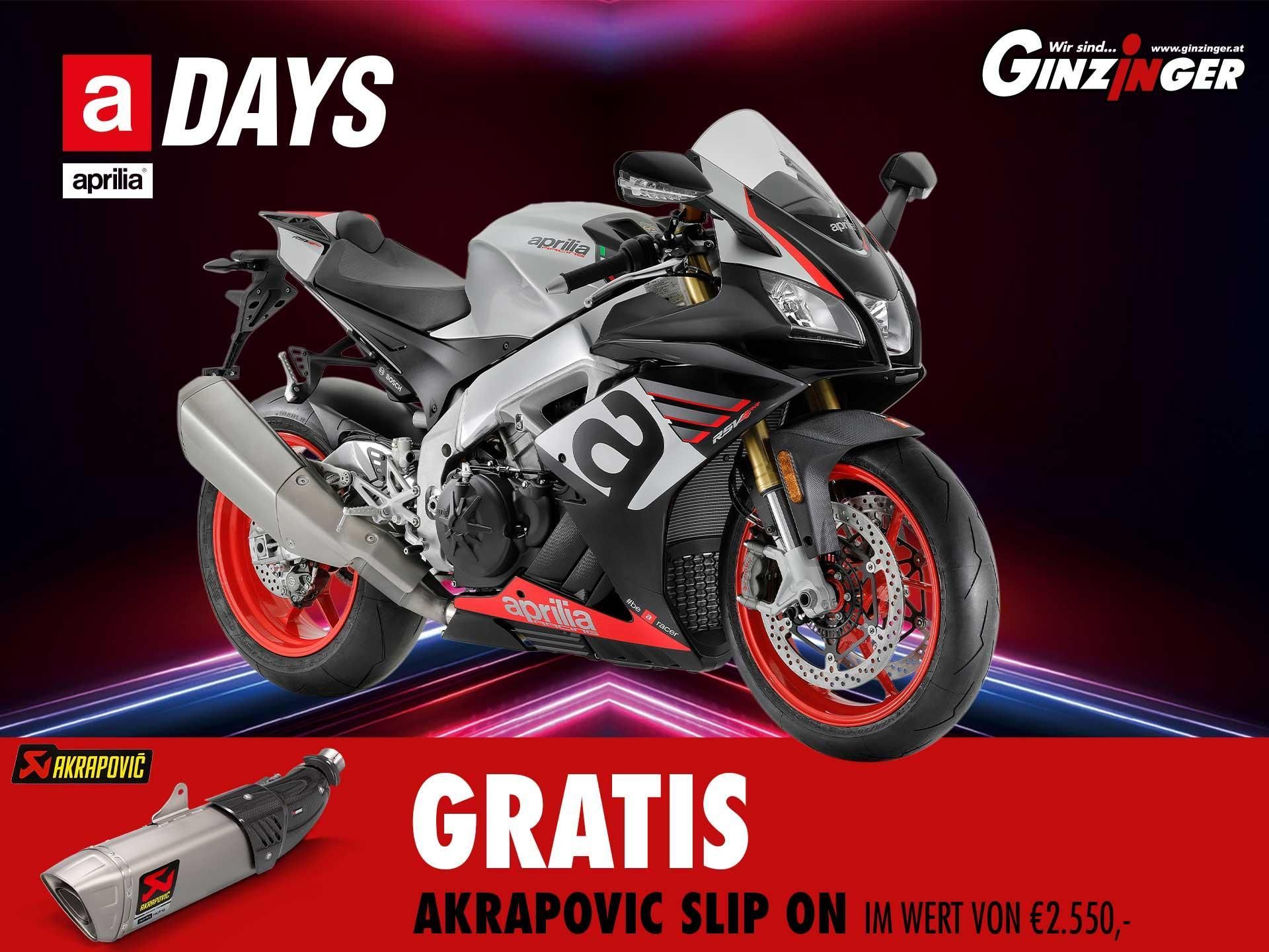 RSV4 RR inkl. gratis
Akrapovic Titan Slip on im Wert von € 2.550.-