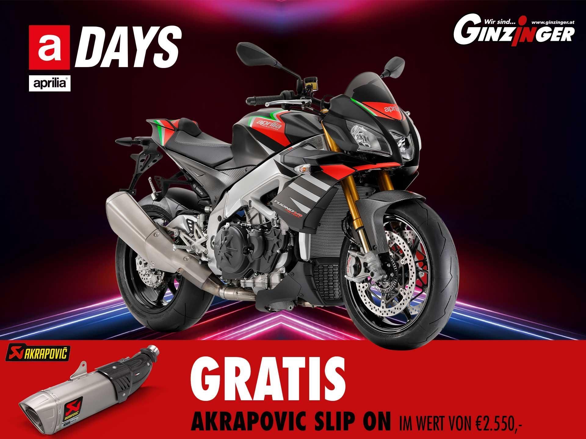 Tuono V4 RR, Tuono V4 Factory inkl. gratis
Akrapovic Slip on im Wert von € 2.550.-
